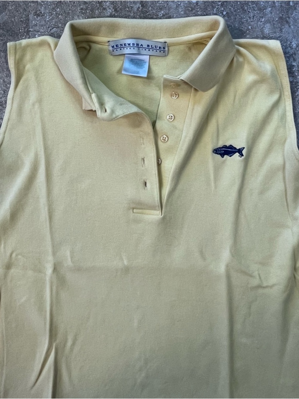 Menemsha Blues Yellow Sleeveless Women’s Polo with Navy Fish Logo - Picture 2 of 5